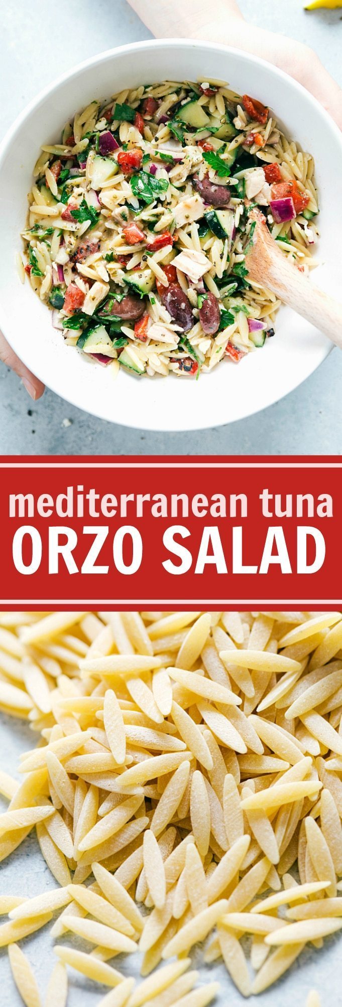 A deliciously light and healthy Mediterranean-inspired orzo salad with tuna, veggies, and a lemon-oregano vinaigrette. via chelseasmessyapron.com