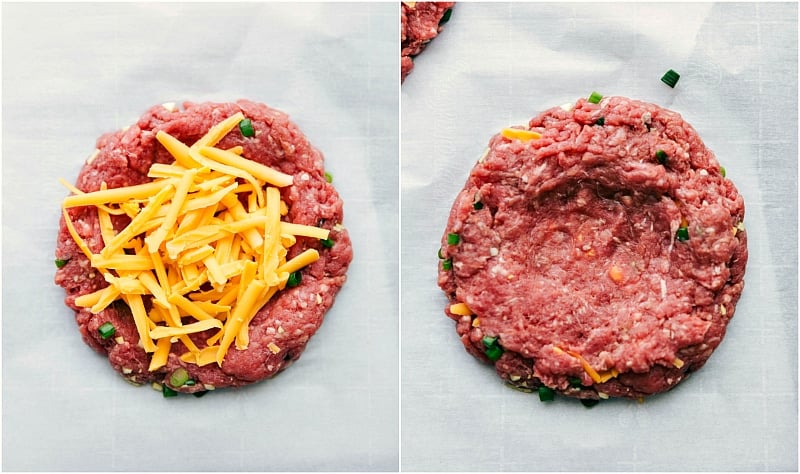 Ground meat skillfully shaped into a round patty with cheese in the middle.