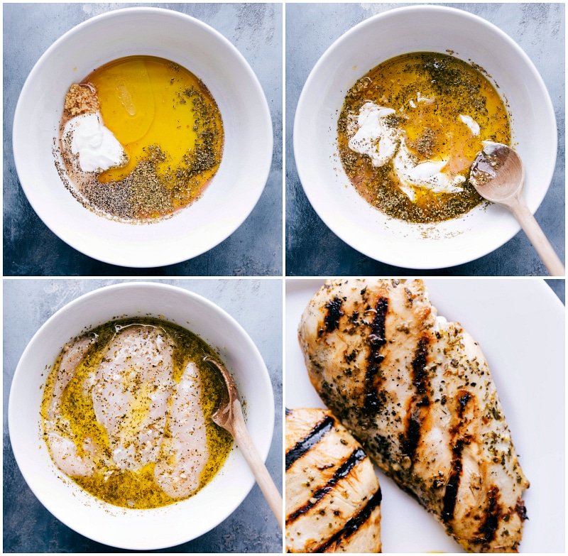 Overhead image of the chicken marinade; images of the chicken in the marinade; image of the grilled chicken fresh off the grill.