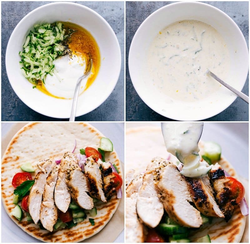 Ingredients being mixed to create tzatziki sauce, then the creamy sauce drizzled over a prepared dish.