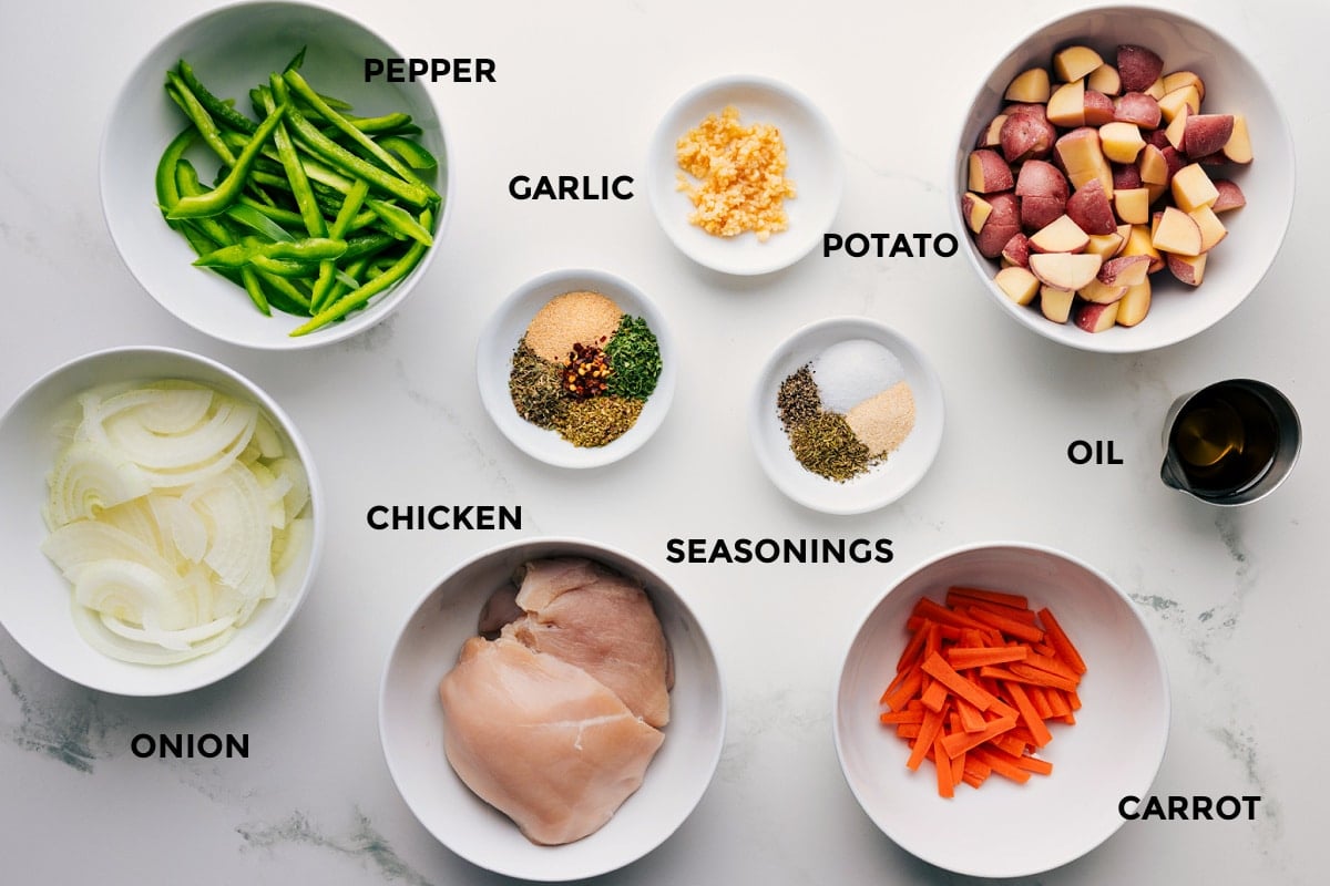 All the ingredients in this recipe are prepped ahead for easy assembly, including the onion, pepper, garlic, meat, seasonings, carrot, potatoes, and oil.