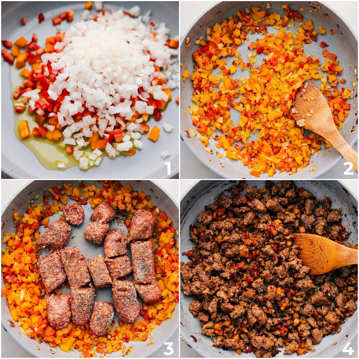 The veggies being sautéed and the sausage being browned through for these Italian Sausage Sandwiches.