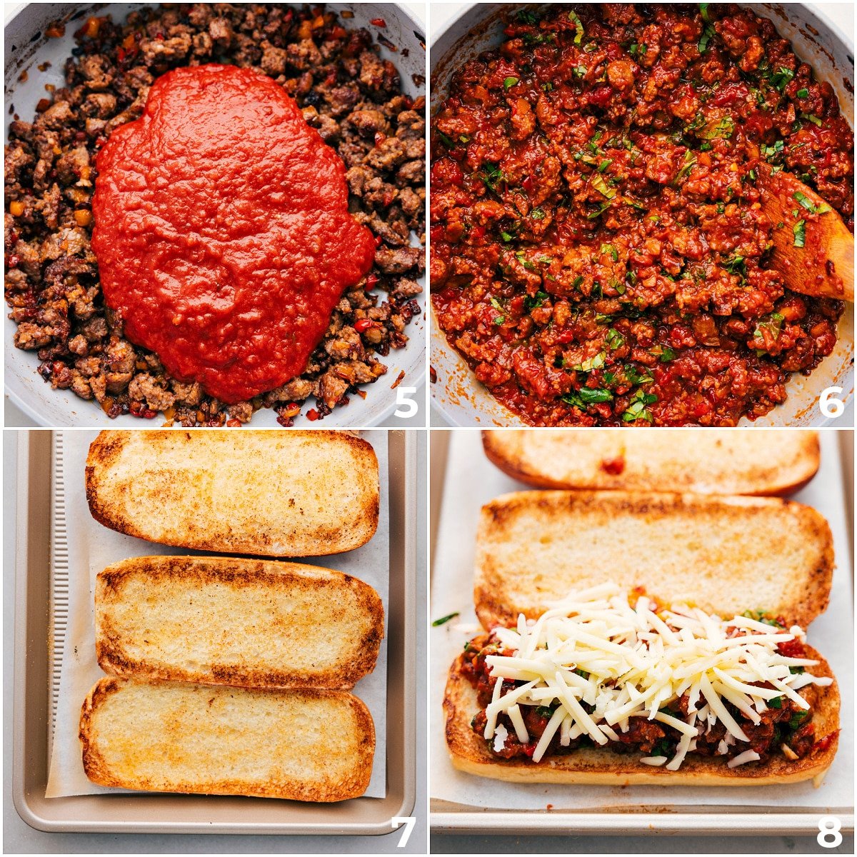 Marinara sauce being mixed together with the browned sausage and it all being layered into a toasted bun.