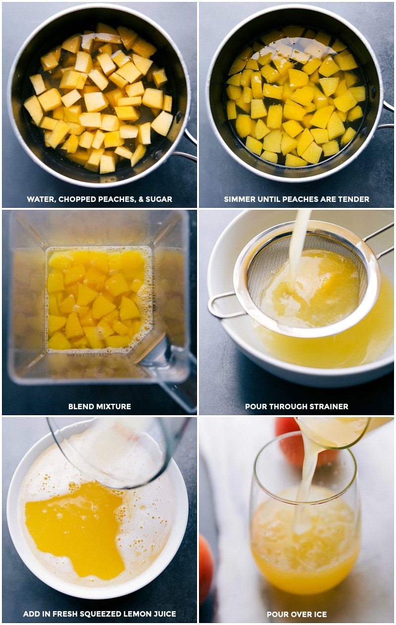 Making Peach Lemonade: Simmering Peaches, Blending, Straining, Adding Lemon Juice, and Serving Over Ice Combining water, chopped peaches, and sugar, simmering until soft, blending, straining, adding lemon juice, and pouring over ice for peach lemonade.