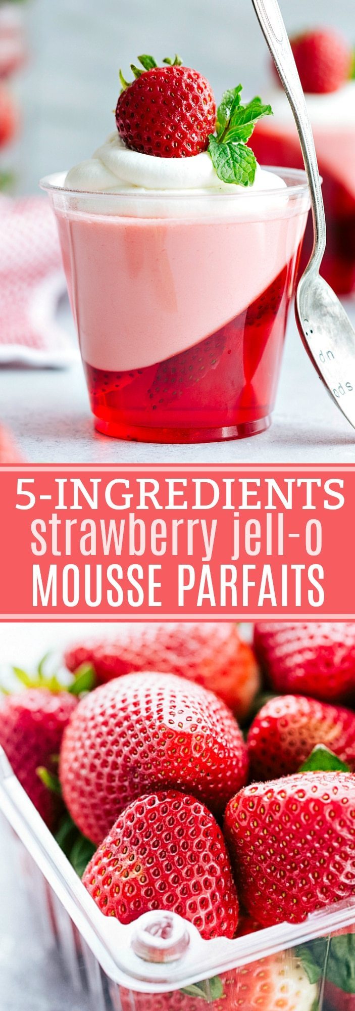 The coolest and EASIEST hack to make these slanted jell-o parfait cups with a strawberry mousse on top. Delicious and so easy -- only FIVE ingredients!!! Via chelseasmessyapron.com