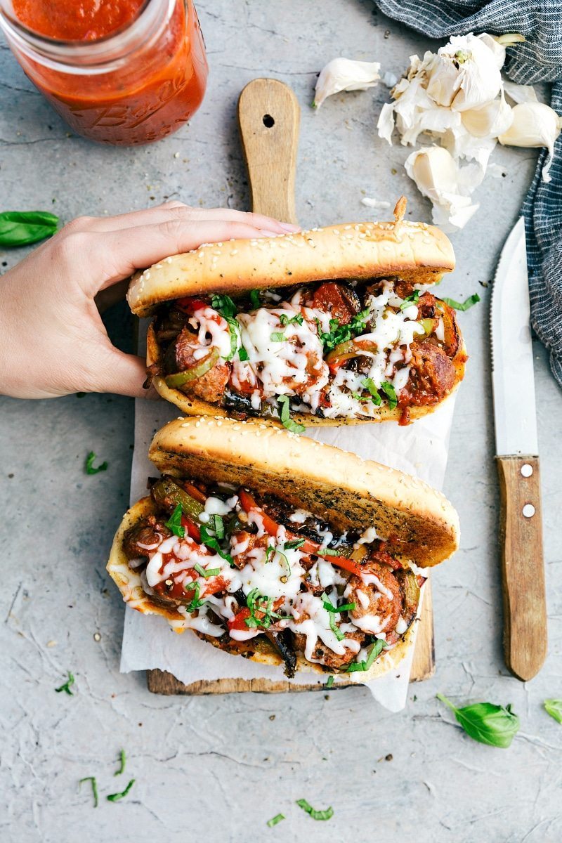 Simple 20-minute Italian sausage and veggie hoagies with marinara and mozzarella. via chelseasmessyapron.com