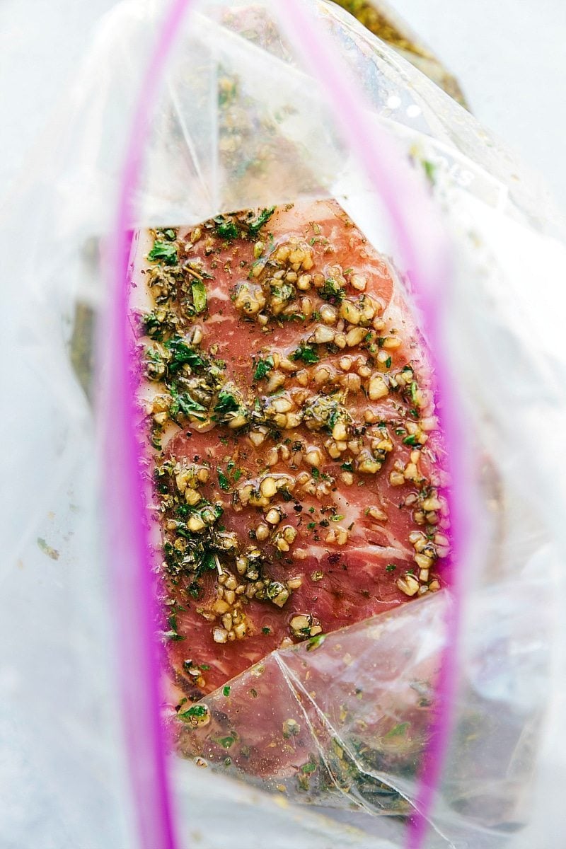 Overhead shot of steak marinating in steak marinade