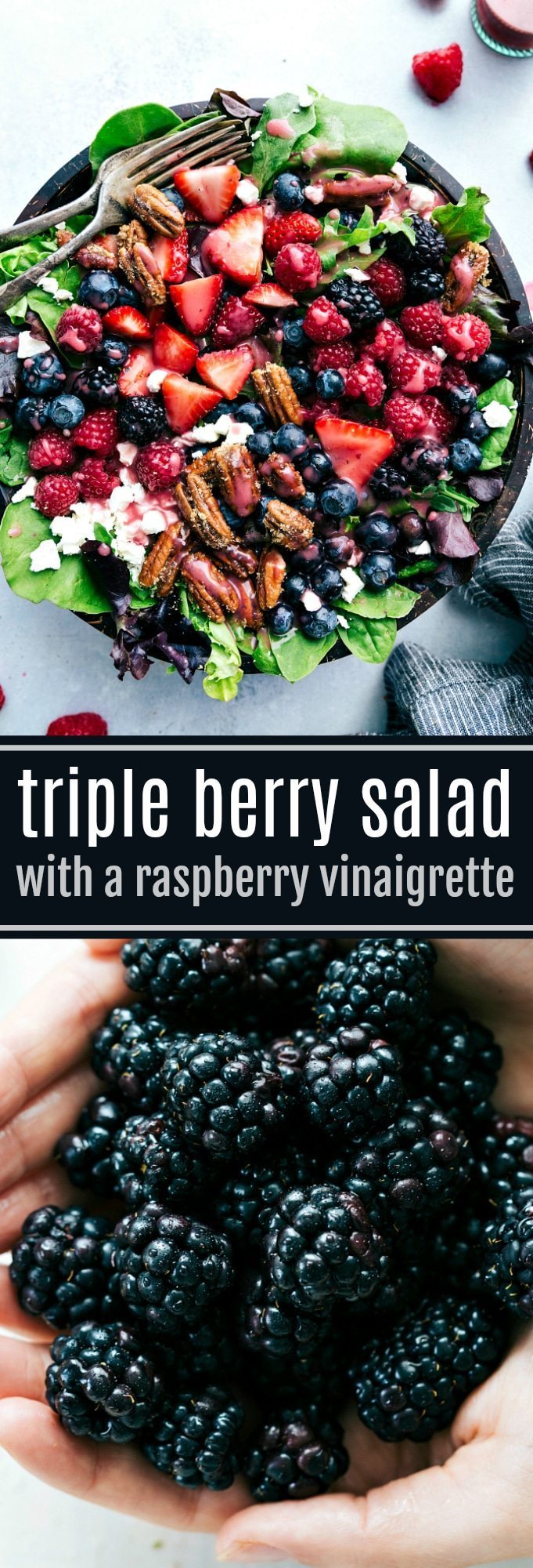 The BEST berry salad with candied pecans and the ultimate raspberry vinaigrette! Recipe from chelseasmessyapron.com