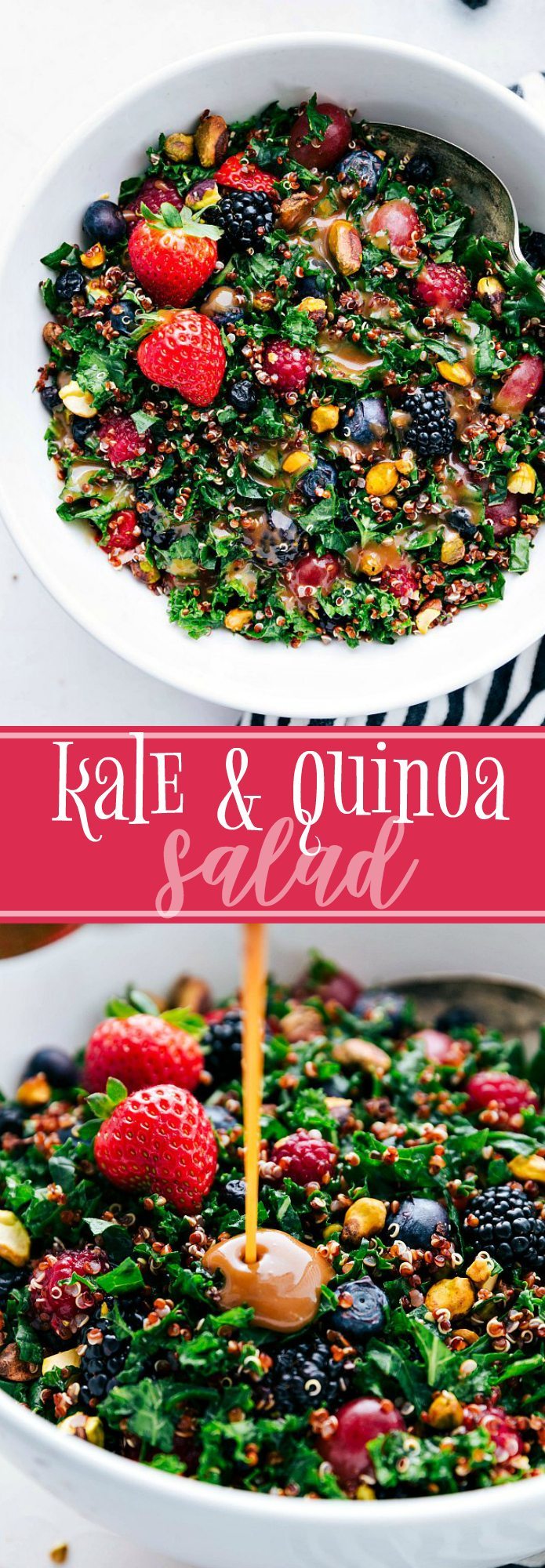 The ultimate BEST EVER kale and quinoa salad! Healthy and easy to make! via chelseasmessyapron.com | #healthy #kale #quinoa #salad #easy #quick #berries #health #dressing