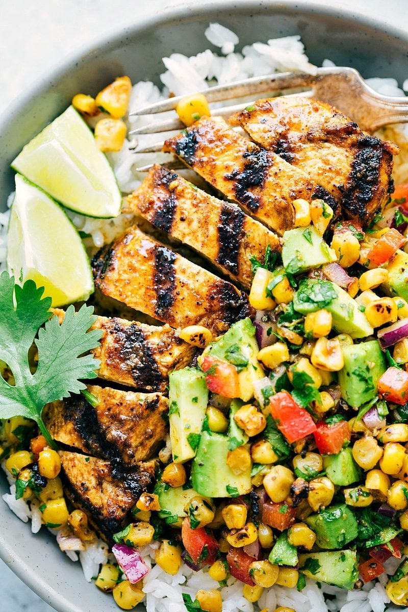 Overhead image of the meal in a bowl over rice