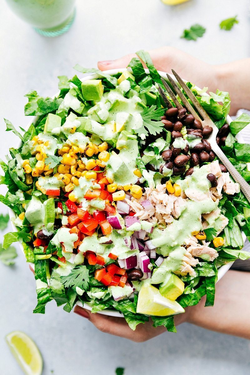 Overhead image of Cafe Rio Dressing drizzled over a salad