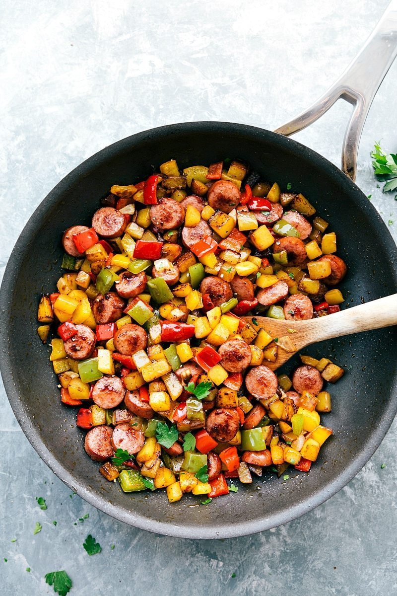 The BEST smoked sausage and veggie breakfast Hash! Great with and without eggs! Recipe from chelseasmessyapron.com