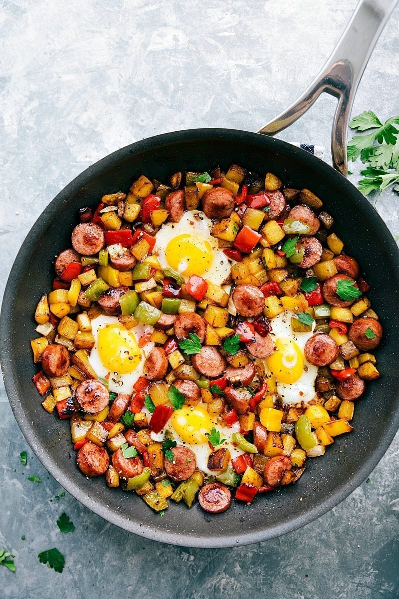 The BEST smoked sausage and veggie breakfast Hash! Great with and without eggs! Recipe via chelseasmessyapron.com