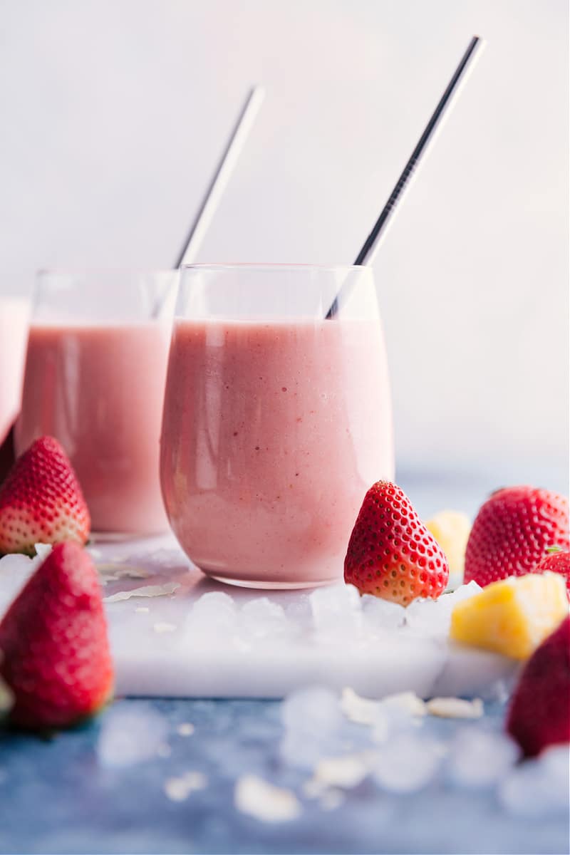 Strawberry Piña Colada smoothies.