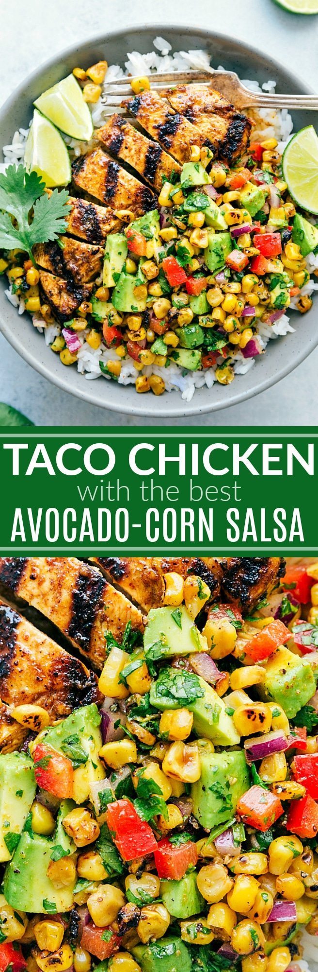 The BEST marinated TACO CHICKEN with an amazing avocado grilled corn salsa! Delicious and healthy! Recipe from chelseasmessyapron.com