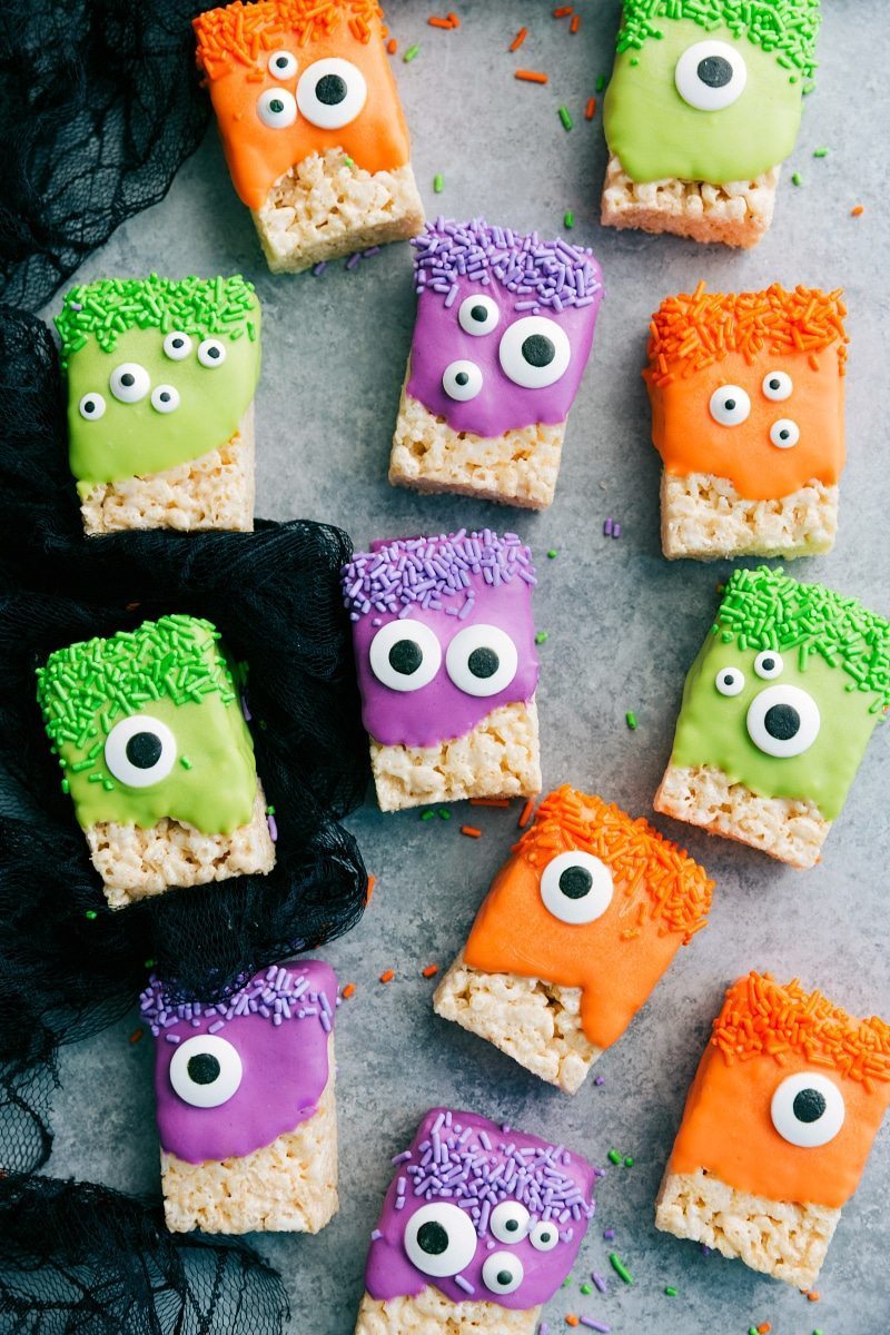 3-ingredients to make these adorable (and delicious) Halloween treats -- Monster Rice Krispies Treats, Peanut Butter Spider Cookies, Nutter Butter Ghosts, and Witch Finger Pretzels. chelseasmessyapron.com