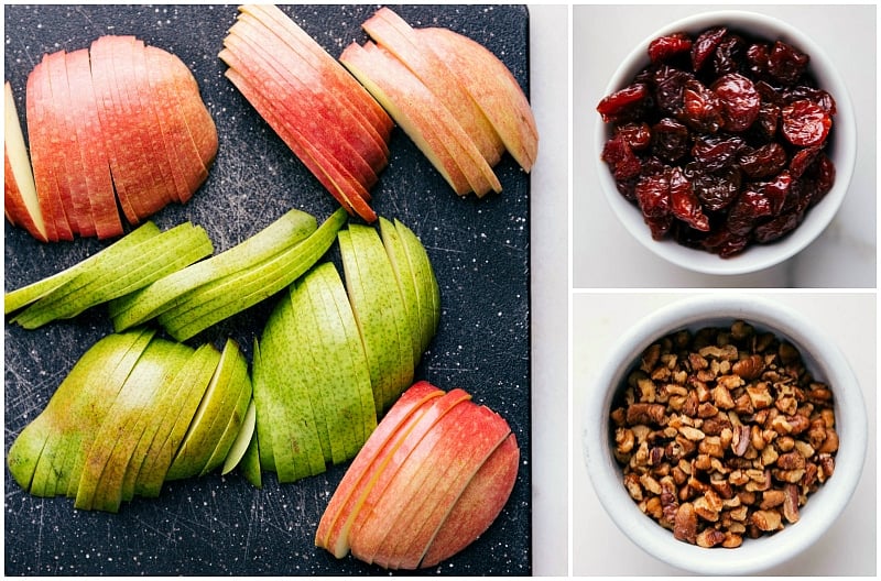 Process shot-- images of the apple, pear, dried cranberries, and walnuts