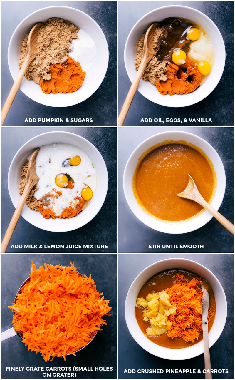 Process shots-- images of the wet ingredients being stirred together for Pumpkin Carrot Cake.