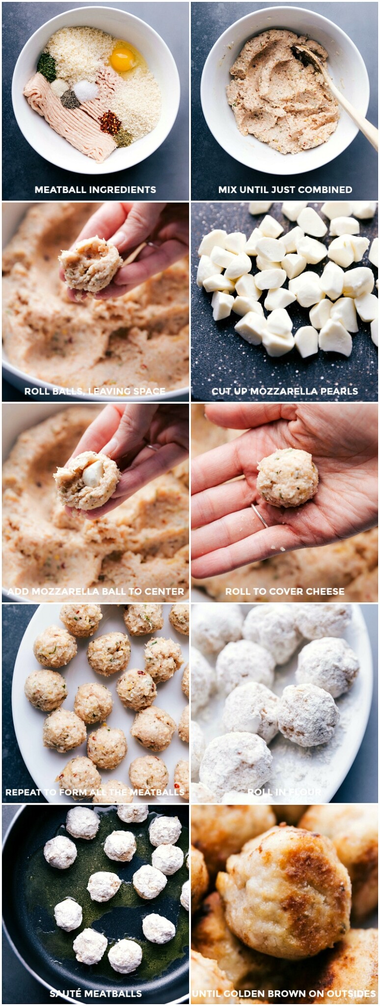 Combining the meatball ingredients, stuffing with mozzarella cheese, forming balls, rolling in flour, and sautéing until golden brown.