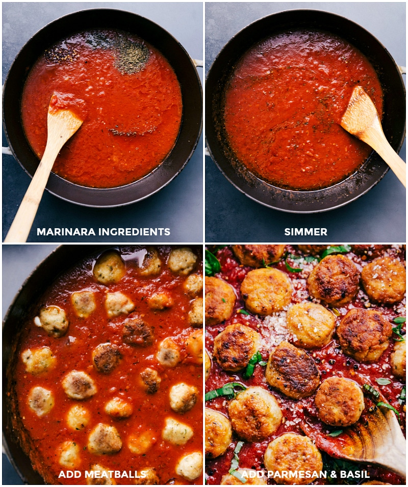 Marinara sauce being made, with parmesan chicken meatballs being added and cooked in it.