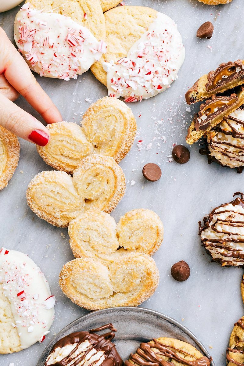 Overhead image of the palmier cookies along with all the other 3-ingredient Christmas cookies