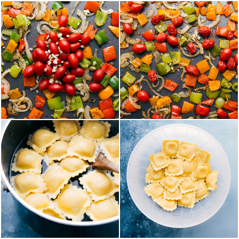 Process shots--tomatoes added to the roasted veggies; cooking ravioli; ravioli in a large bowl