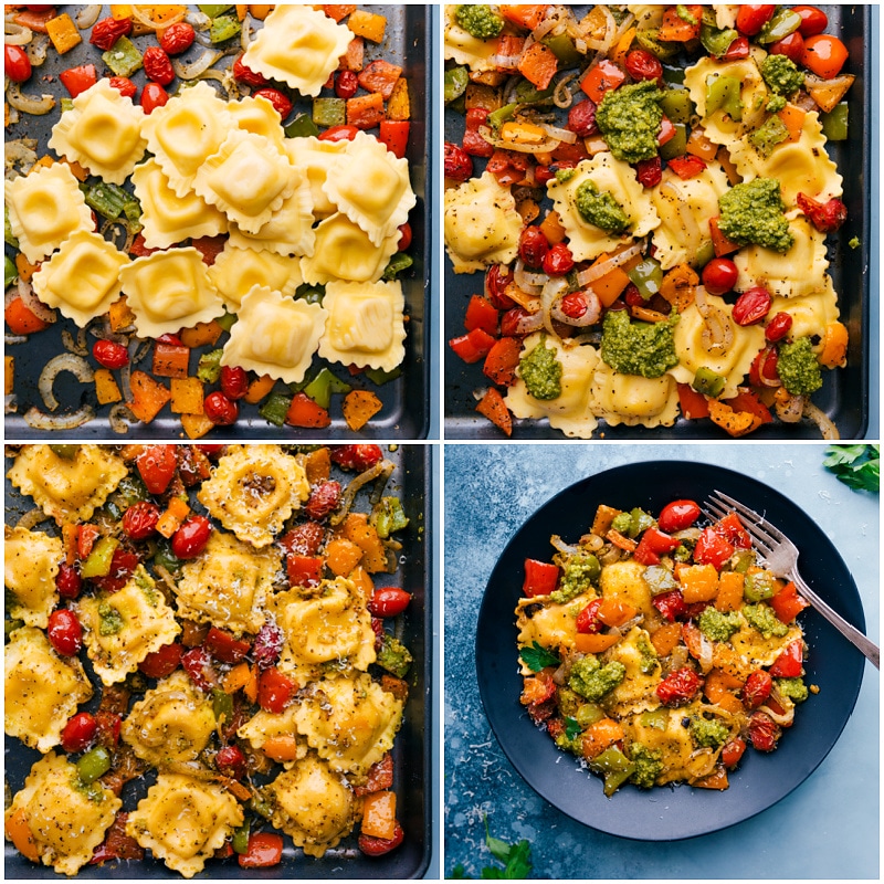 Process shots: adding ravioli to the roasted veggies; adding dollops of pesto; mixing everything together; serving