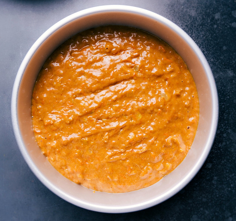 Image of the Pumpkin Carrot Cake batter in a pan, ready to go in the oven.