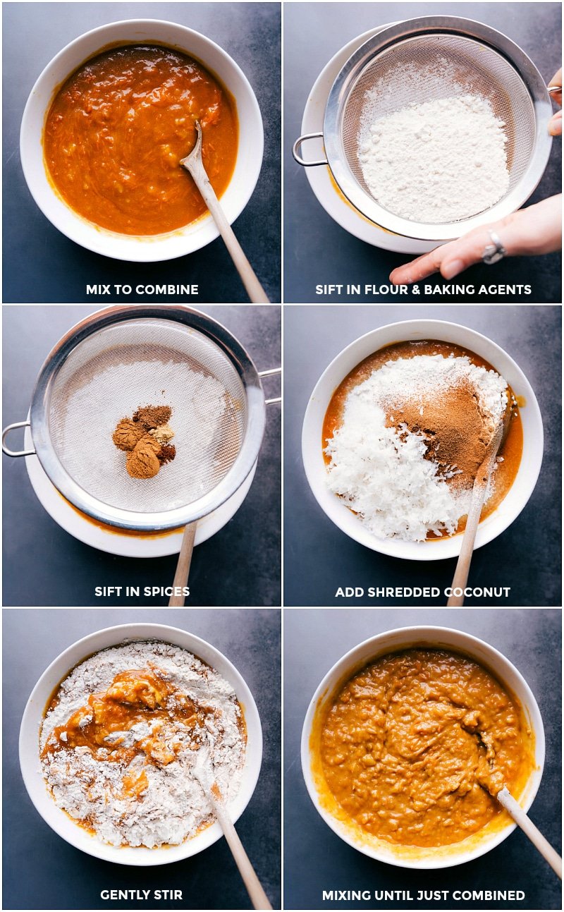 Process shots-- images of the dry ingredients being sifted over the wet ingredients.