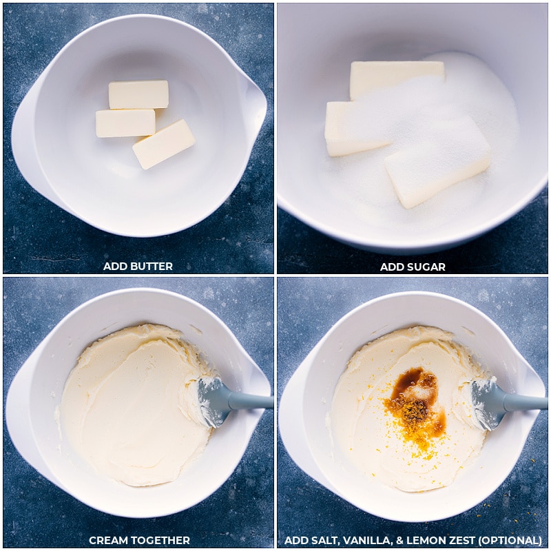 Process shots-- images of the butter, sugar, salt, vanilla, and lemon zest all being beaten together