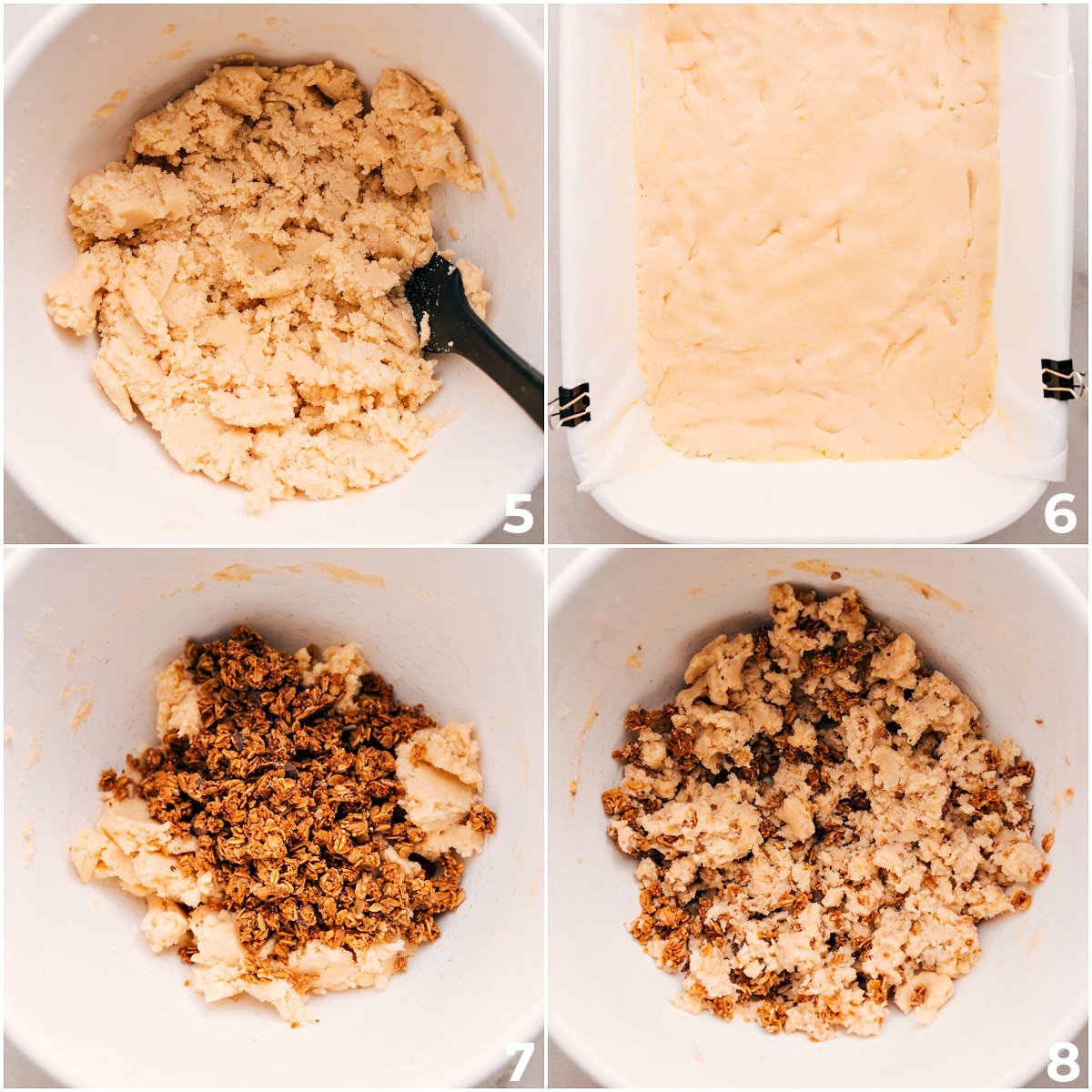 Spreading half the dough into a 9x13 pan while mixing the other half with granola.