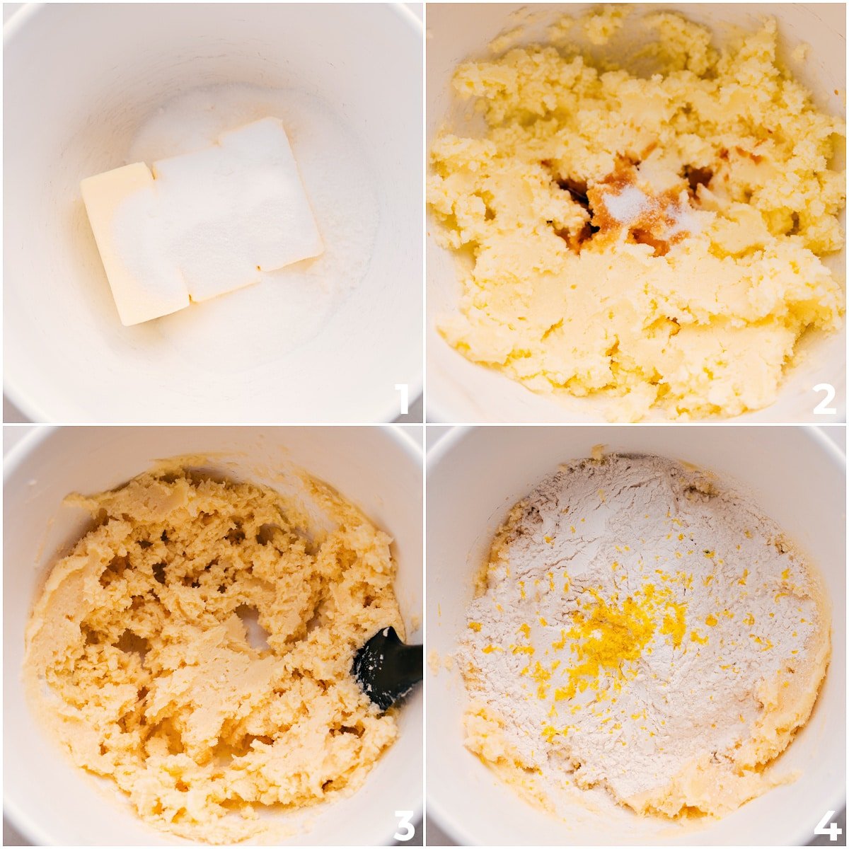 Mixing the dough by creaming butter, sugar, vanilla, flour, and lemon zest for these raspberry bars.