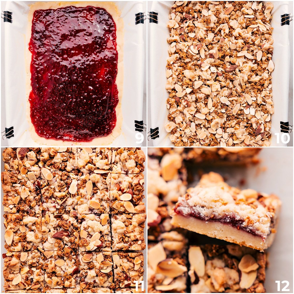 Layering raspberry jam onto the half-baked base, adding the granola-almond dough on top, and baking until golden.