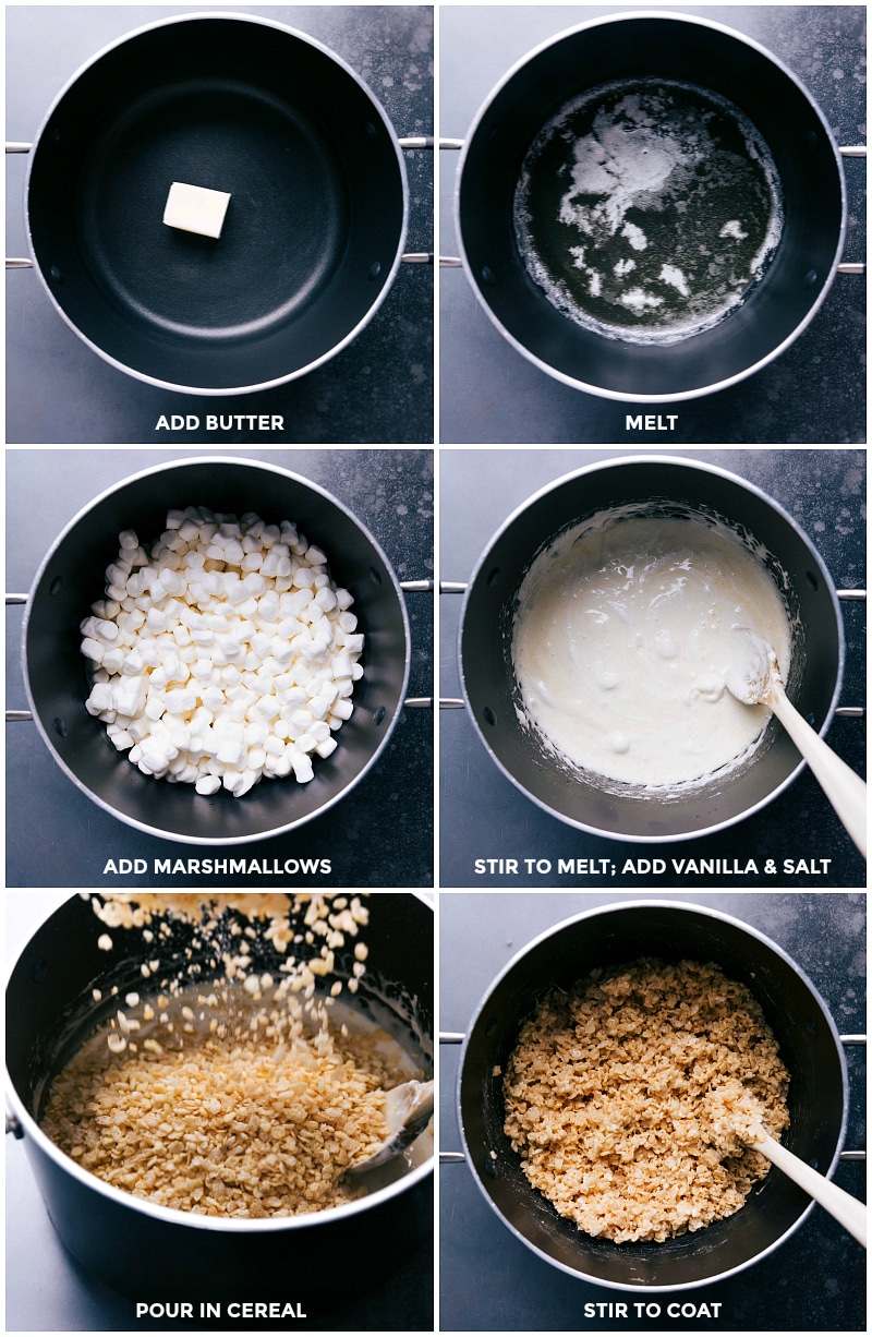 Melting butter in a pan, stirring in and melting marshmallows, adding vanilla and salt, then pouring in cereal and stirring to coat evenly.