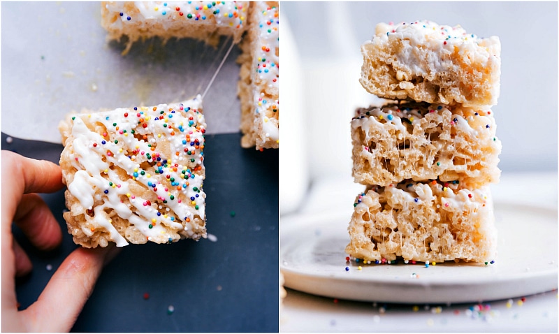 One of the rice krispie treats being taken from the pan, and a stack of three treats on a plate, showcasing their deliciously fluffy and crunchy interior.