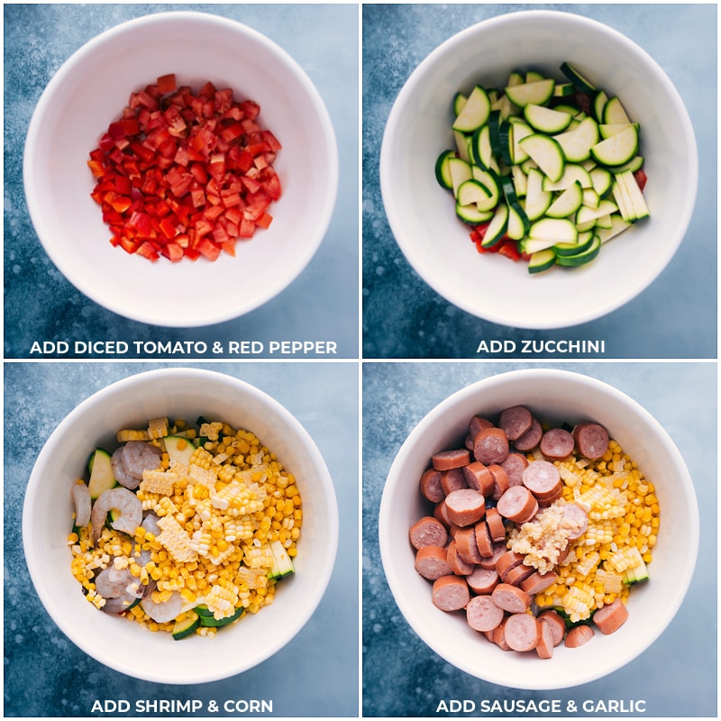 Process shots: Add diced tomato and red pepper, zucchini, shrimp, corn, sausage and garlic to a bowl.
