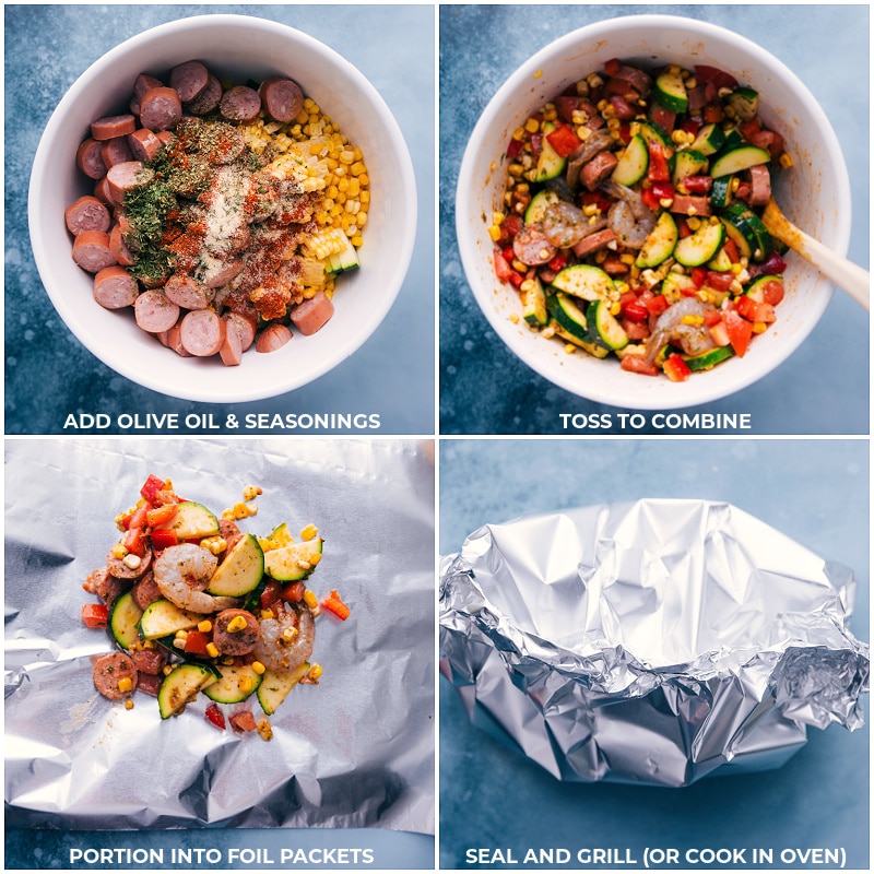 Process shots: add olive oil and seasonings to the bowl; toss to combine; portion into foil pouches; seal and grill or cook.