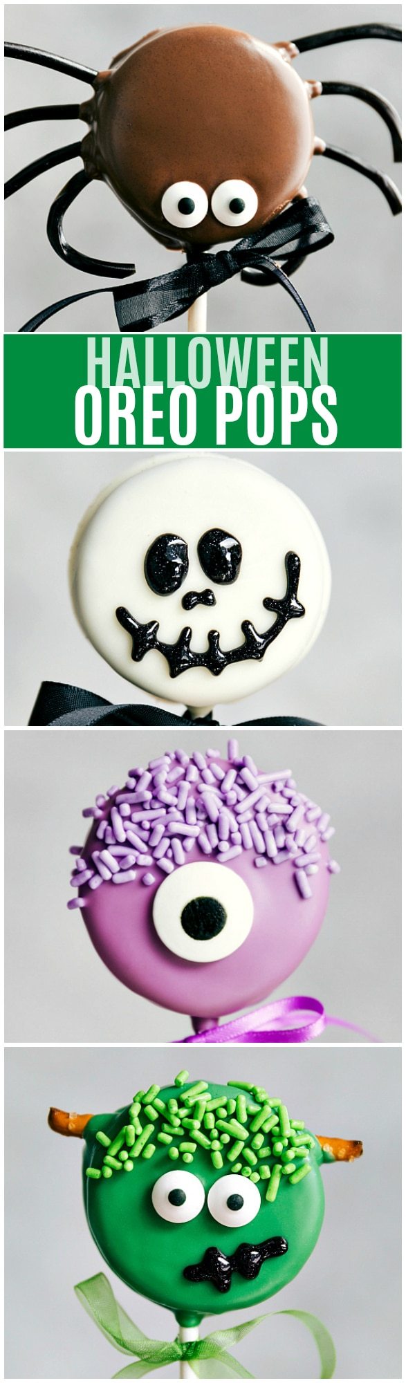 The Cutest (and super simple) Oreo Pops decorated for Halloween -- Spider Oreo Pops, Skeleton Oreo Pops, Frankenstein Oreo Pops, and Monster Oreo Pops Read the rave reviews!! via chelseasmessyapron.com