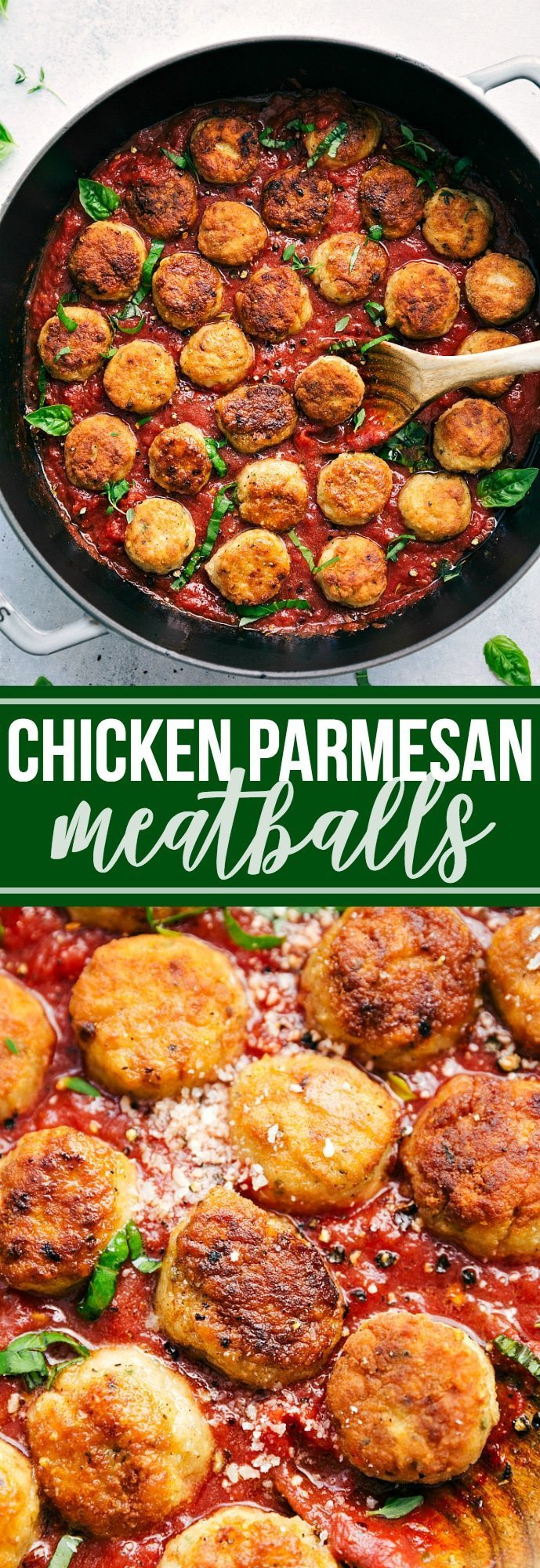 A fun twist on two classic Italian dishes -- CHICKEN PARMESAN MEATBALLS. Delicious and sure to be a hit! via chelseasmessyapron.com