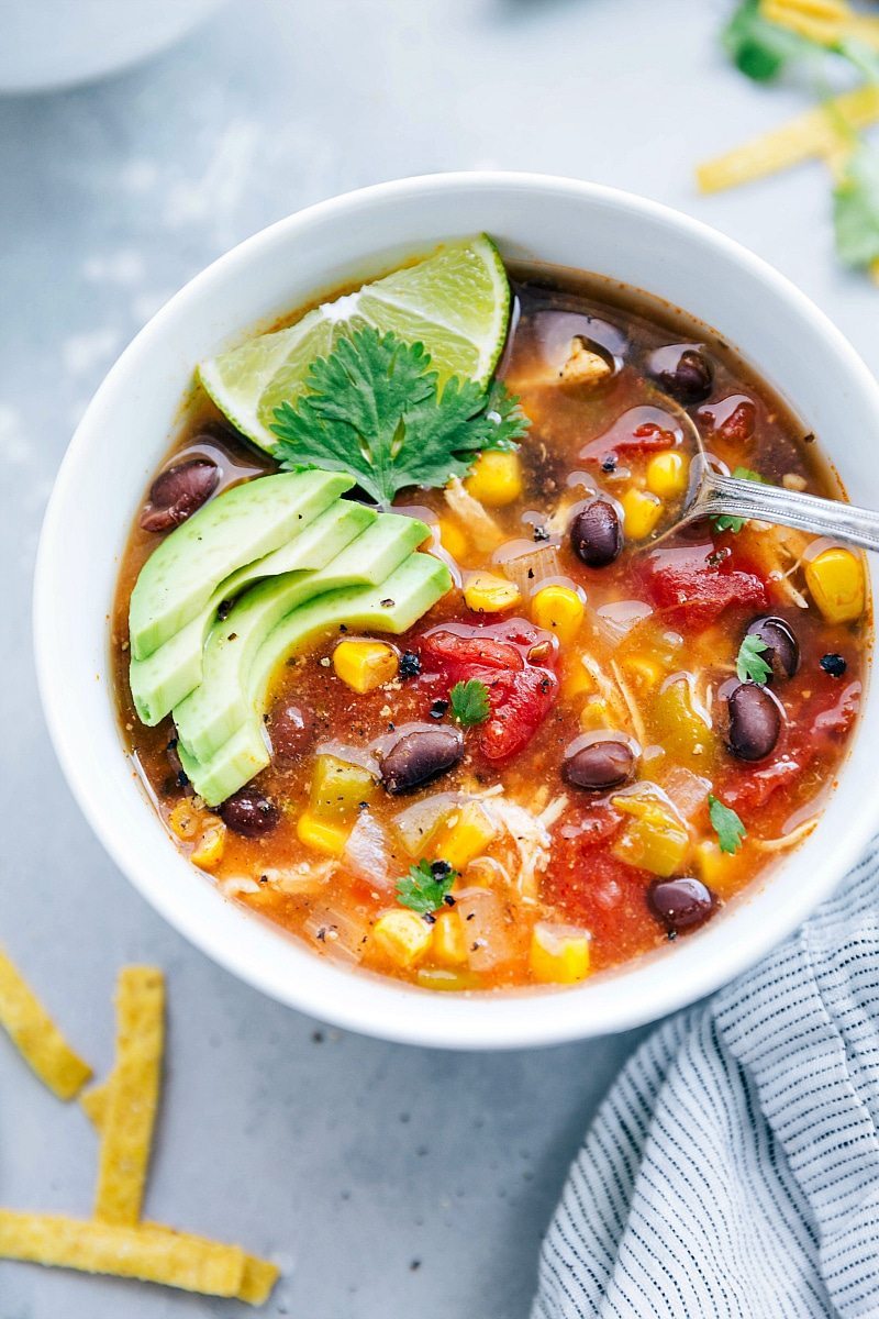 Overhead image of the Instant Pot Chicken Tortilla soup in a bowl