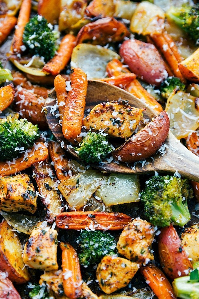 Roasted chicken and vegetables topped with fresh parmesan.