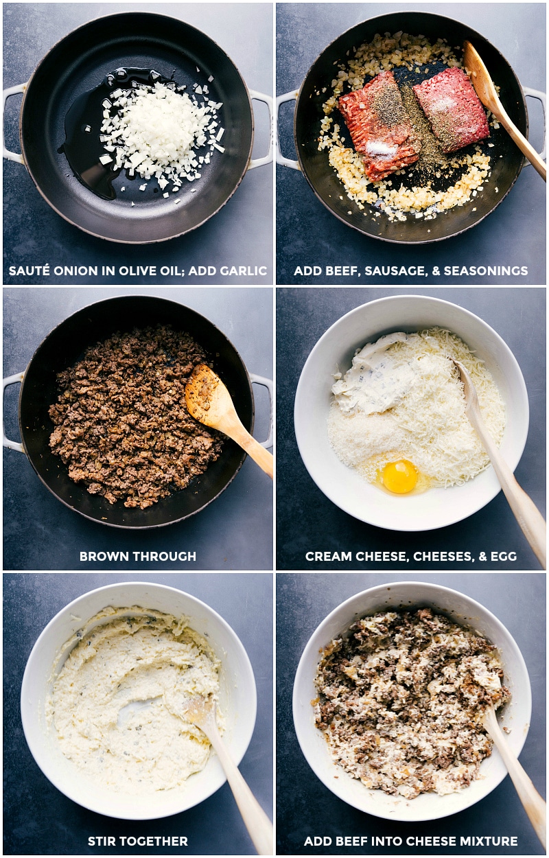 Process shots: sauté onion and garlic in olive oil; add beef, sausage and seasonings; brown well; mix cream cheese, cheeses and egg; add beef mixture into the cheese mixture.