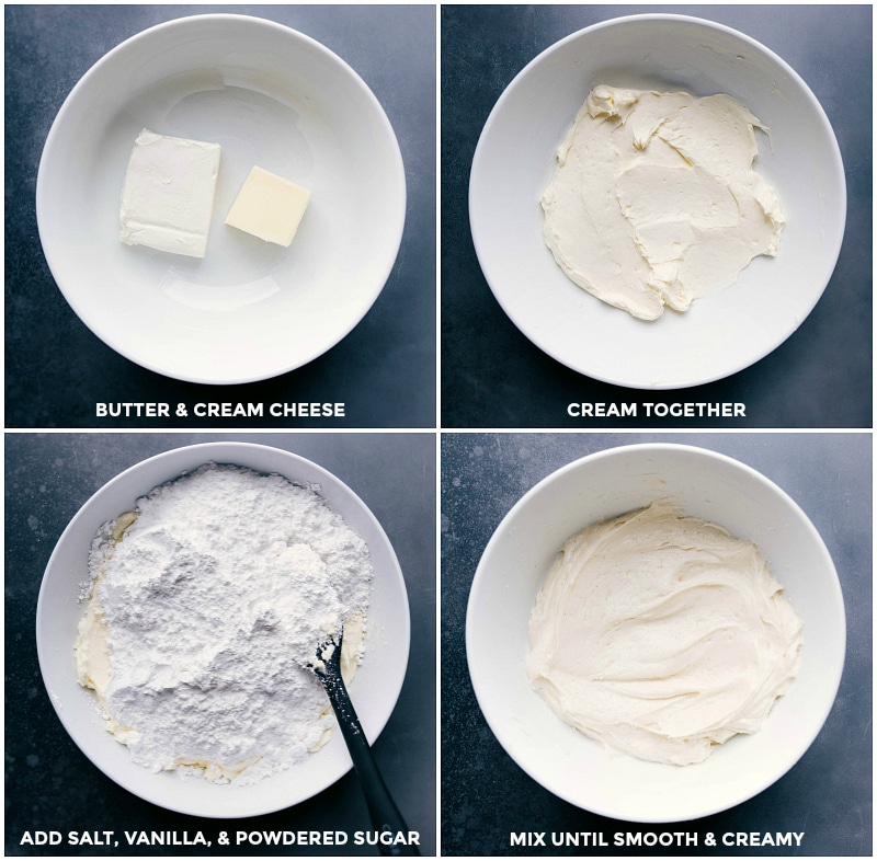 Process shots: Make the cream cheese frosting by creaming together the room-temperature butter and cream cheese; add salt, vanilla and powdered sugar; mix until smooth and creamy.