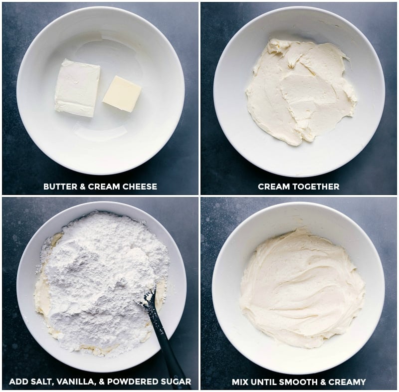 Creaming together butter and cream cheese, adding salt, vanilla, and powdered sugar, and mixing until smooth and creamy.