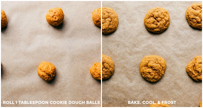 Image of the cookie dough balls before and after baking.