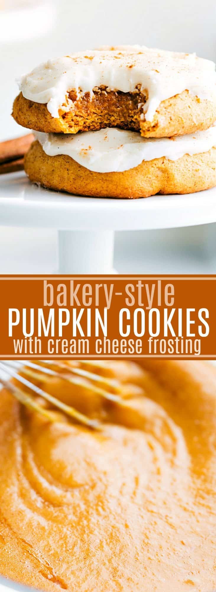 The ultimate BEST EVER soft-baked BAKERY-STYLE Pumpkin Spice Cookies with a soft cream cheese frosting! via chelseasmessyapron.com