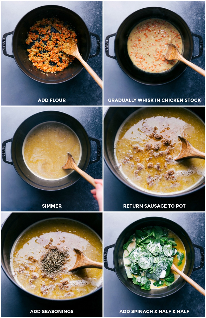 Process shots-- images of flour, chicken stock, seasonings, spinach, and half and half being added to the pot for Sausage Tortellini Soup