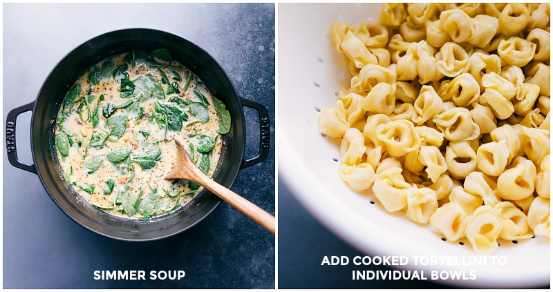 Process shots-- images of the soup simmering and the tortellini being cooked separately