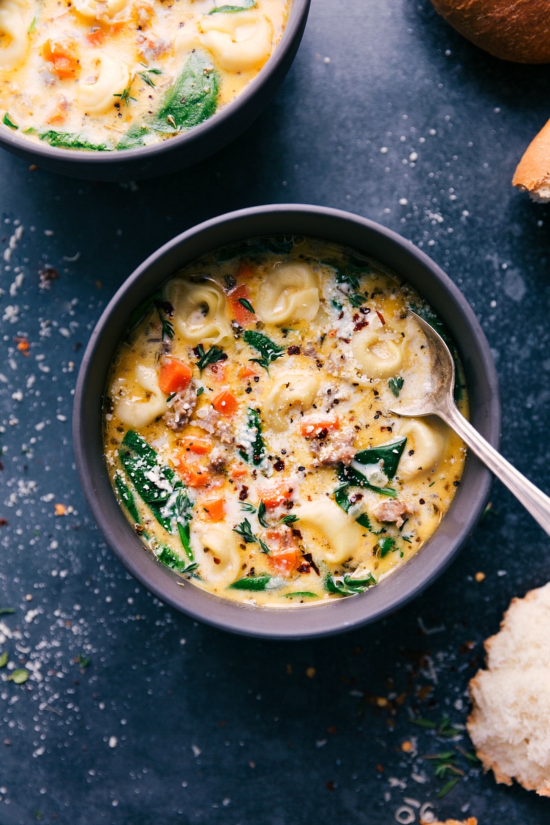 Overhead image of Sausage Tortellini Soup in a bowl.