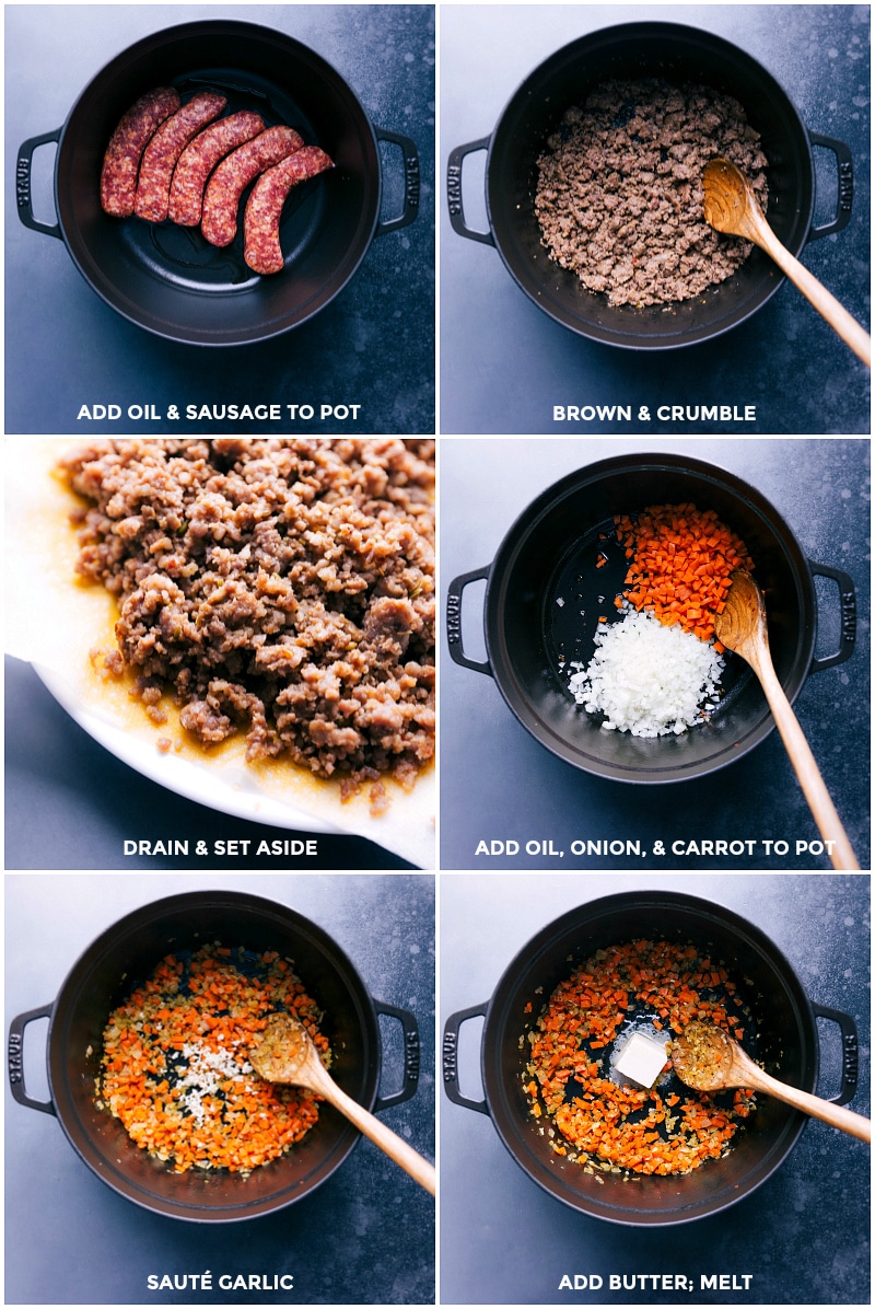 Sausage being browned and crumbled, and the veggies being sautéed in the pot.